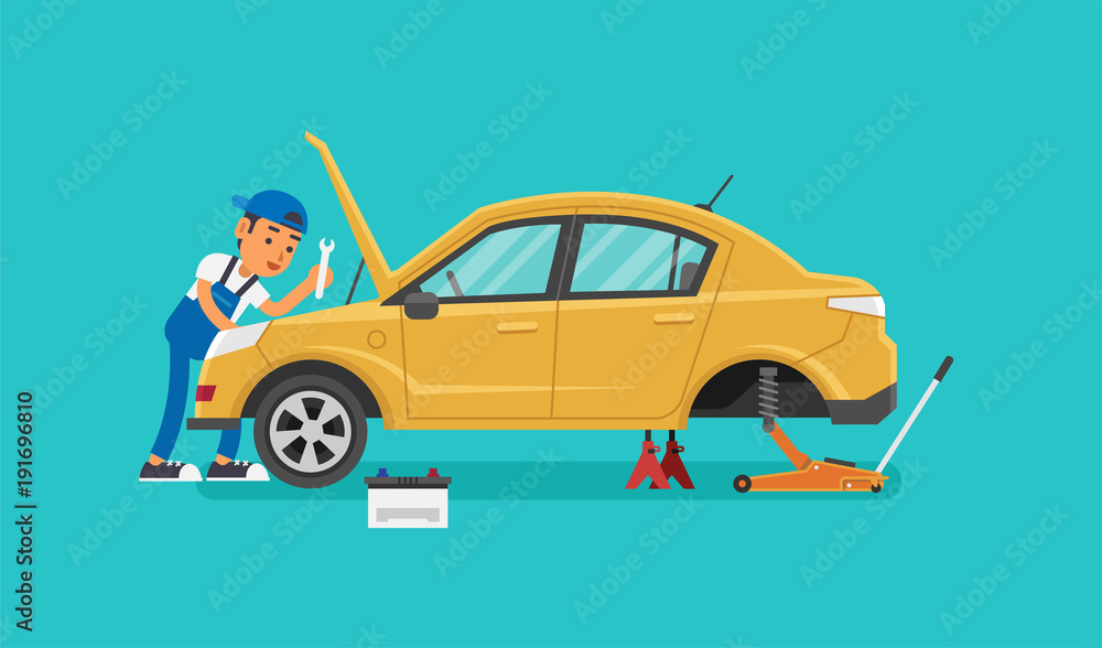 Illustration Mécanique Automobile Page De Garde Vecteur Stock Car Mechanic Working In Auto Repair Service. Vector