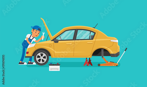 Car Mechanic Working In Auto Repair Service. Vector illustration