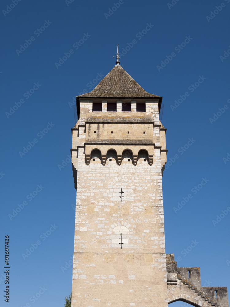 Europe, France, Midi Pyrenees, Lot, detail of a tower on historic Pont Valentre fortified bridge over the Lot River at Cahors