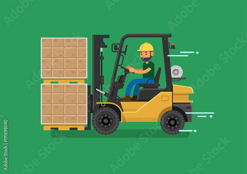 Forklift driver at work in storehouse. Vector illustration