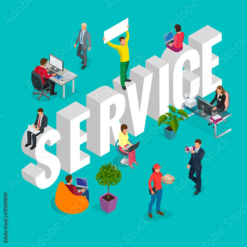 Isometric Customer Service Department Concept. Conference Service Group Diverse. Business People.
