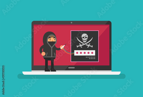 Hacker stealing a password on a laptop screen. Vector illustration