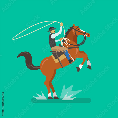 Cowboy riding horse and twirling lasso. Vector illustration