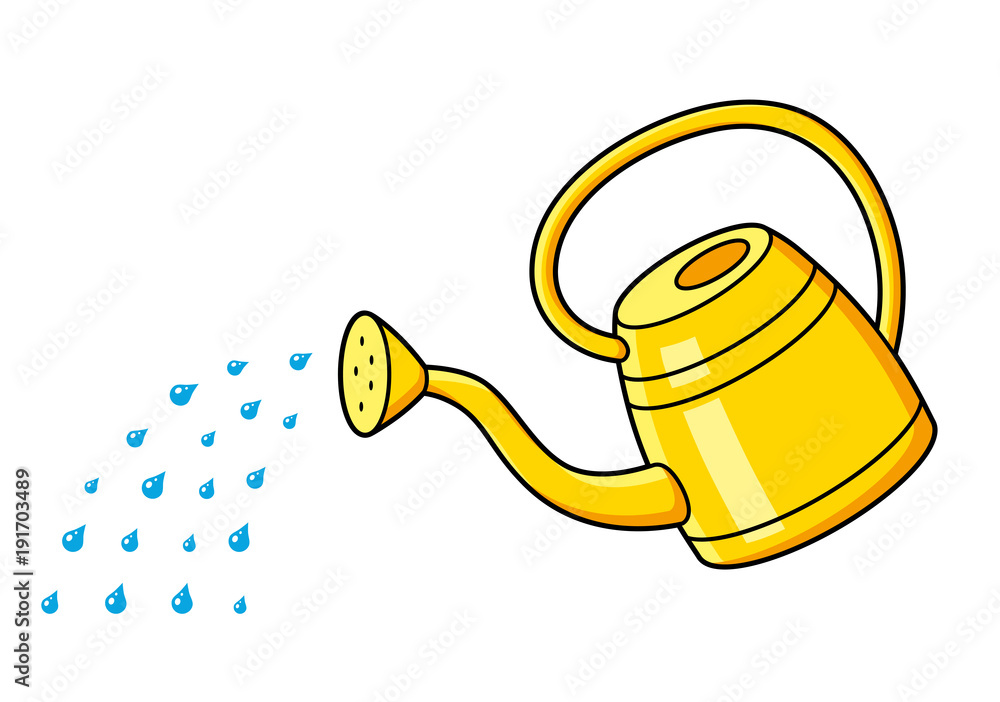 Yellow watering can and water drops isolated. - obrazy, fototapety, plakaty 