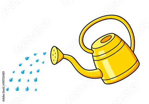 Yellow watering can and water drops isolated.