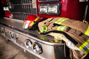 Firefighter gear helmet on a truck