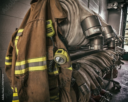 Firefighter gear helmet on a truck photo