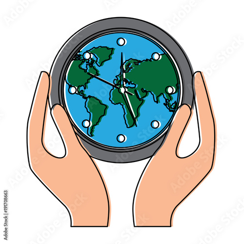 hands holding clock with earth map inside environment safety vector illustration