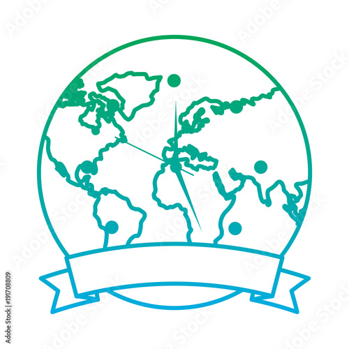 clock with earth planet globe with banner vector illustration blue and green line degrade color