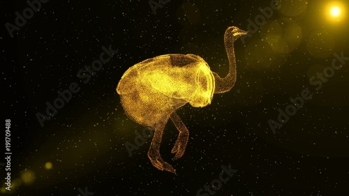 Ostrich, large flightless bird running through particles, fantasy 3D animation