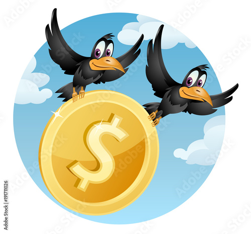 Flying crows carries the symbol of the American dollar. Cartoon styled vector illustration. Elements is grouped. No transparent objects. 