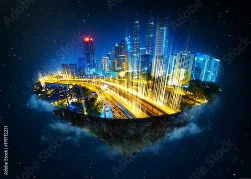 Photography Fantasy island floating in the air with modern city skyline and network light came out from the ground ,modern city with wireless network connection concept