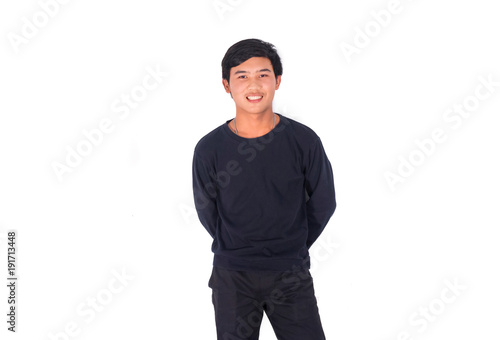 A handsome Asian man in black clothes standing in Studio white background © xzotica65