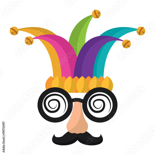funny mask silly glasses mustache and jester hat fools celebration vector illustration