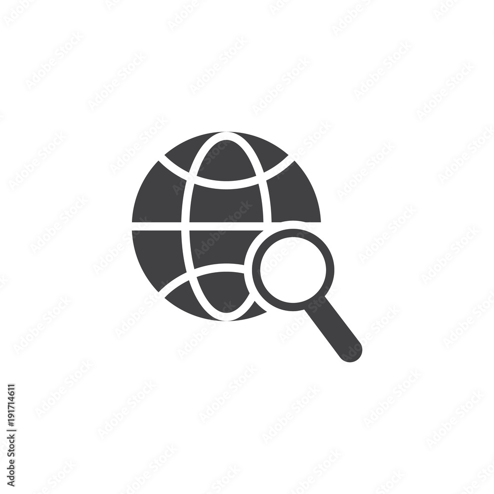 Search worldwide icon vector, filled flat sign, solid pictogram isolated on white. Globe and magnifier glass symbol, logo illustration. Search worldwide icon vector, filled flat sign, solid pictogram isolated on white. Globe and magnifier glass symbol, logo illustration.