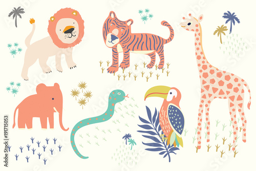 Hand drawn of kid illustration features tiger,lion,hornbills bird,giraffe,elephant,snake,tropical palms isolated on white background.