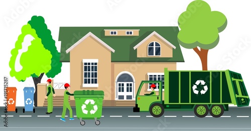 Garbage cleaning service workers take off caradge from the cans, garadge truck on the city street, flat vector illustration