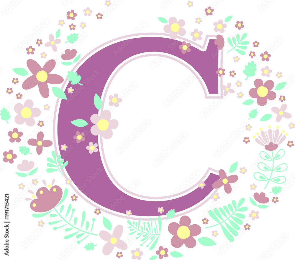 initial letter c with decorative flowers and design elements isolated on white background. can be used for baby name, nursery decoration, spring themes or wedding invitation. initial letter c with decorative flowers and design elements isolated on white background. can be used for baby name, nursery decoration, spring themes or wedding invitation.