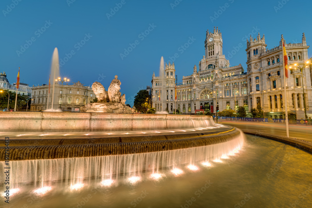 The Plaza de Cibeles with the Palace of Communication and the Cibeles Fountain in Madrid at night