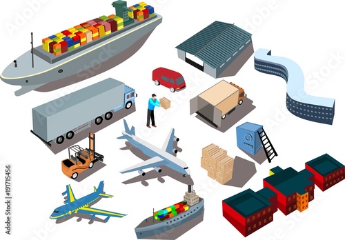 Transport infographics information collection with isometric icons of different kinds of type of transport vehicles trucks, warehouse, planes, ships, buildings  isolated vector illustration