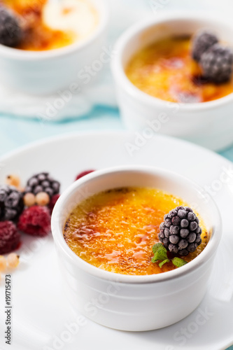 Creme brulee on a white plate
