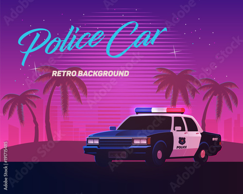 80s retro neon gradient background. Vintage police car. Palms and city. Tv glitch effect. Sci-fi beach.