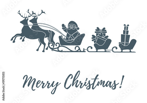 Santa Claus with Christmas presents in sleighs with reindeers. New Year and Christmas illustration.