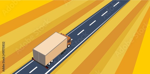 Truck driving along the highway, yellow field, view from above, isometric vector illustration, flat vector.