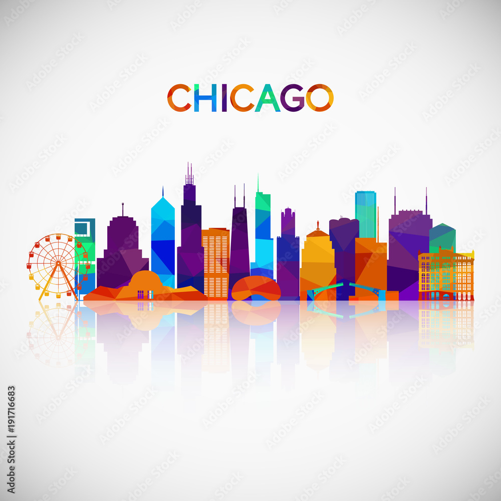 Obraz premium Sylwetka panoramę Chicago w kolorowym stylu geometrycznym. Symbol dla twojego projektu. Ilustracji wektorowych.