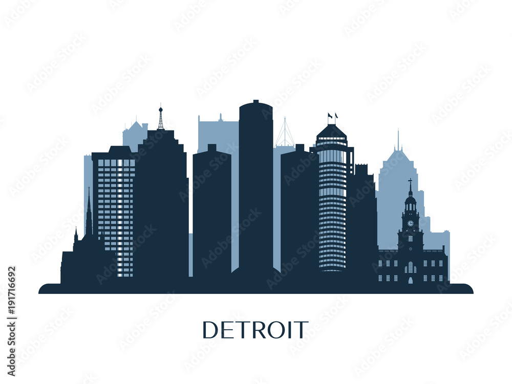 Detroit skyline, monochrome silhouette. Vector illustration.
