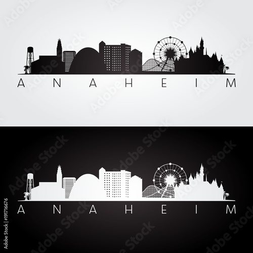 Anaheim usa skyline and landmarks silhouette, black and white design, vector illustration. photo