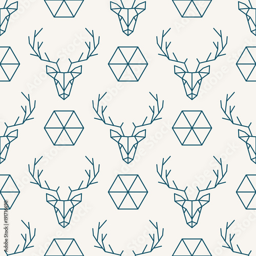 Deer geometric head and hexagon seamless pattern. Scandinavian symbols seamless background. Vector illustration.