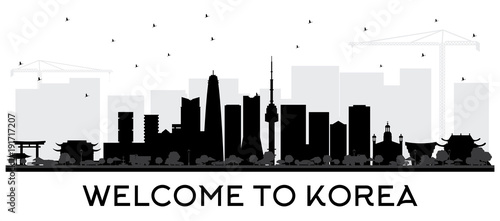 South Korea City Skyline Silhouette with Black Buildings.