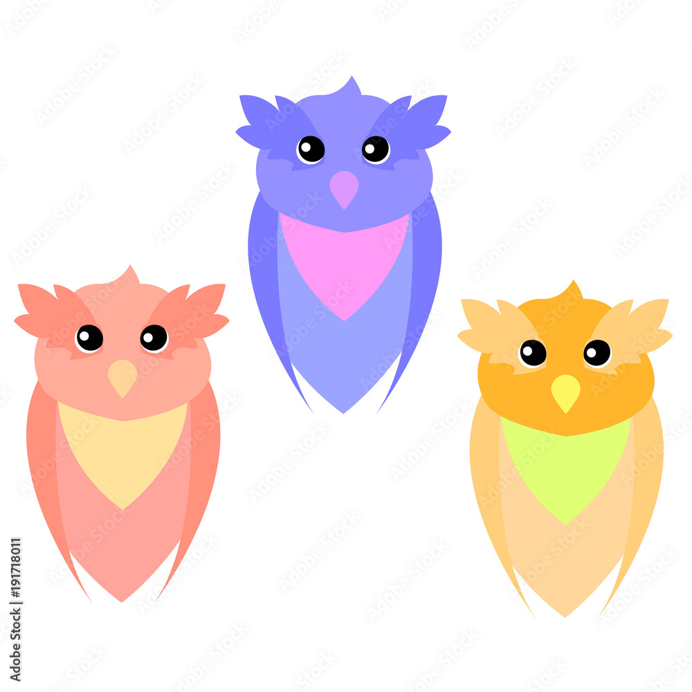 Pattern of sweet owls of three colors red, blue and orange Pattern of sweet owls of three colors red, blue and orange