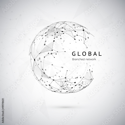 Abstract global network concept. Web structure, social nets concept, node net. Dots and connection mesh. Sphere technology cyberspace background. Vector illustration on white background
