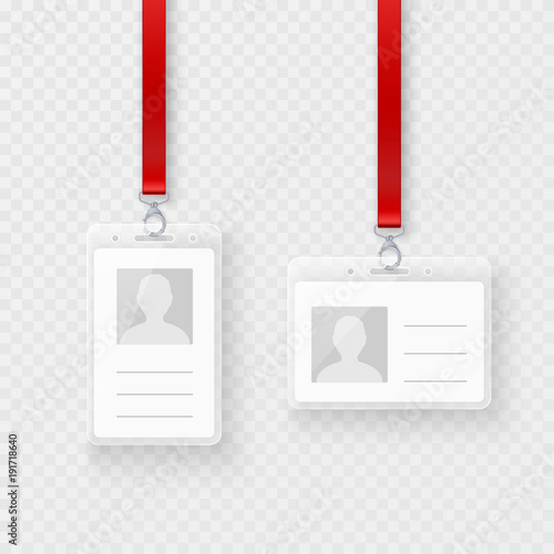 Identification personal blank, plastic id cards set with clasp and lanyard. Empty ID plastic card design. Vector illustration isolated on transparent background