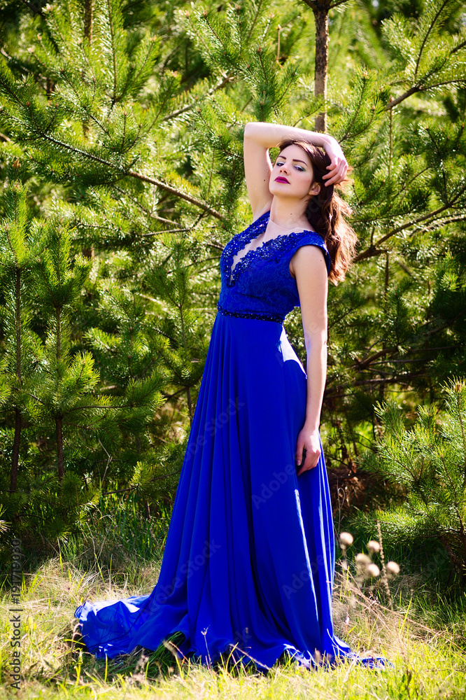 Beautiful fashion model in a dress in a green park in the summer . Blue dress. Beautiful fashion model in a dress in a green park in the summer . Blue dress.