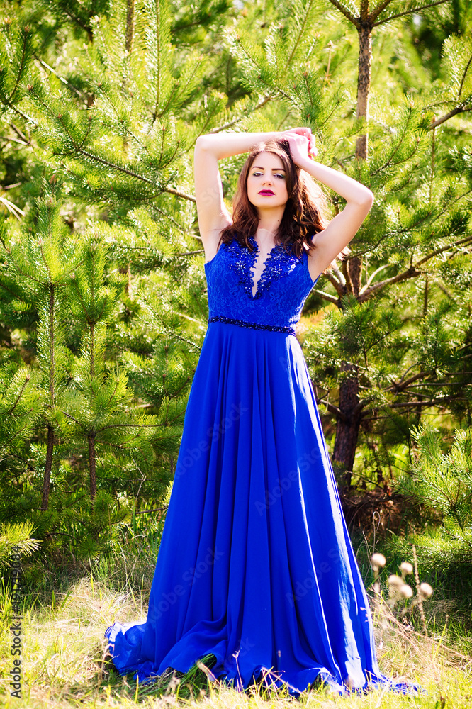 Beautiful fashion model in a dress in a green park in the summer . Blue dress. Beautiful fashion model in a dress in a green park in the summer . Blue dress.