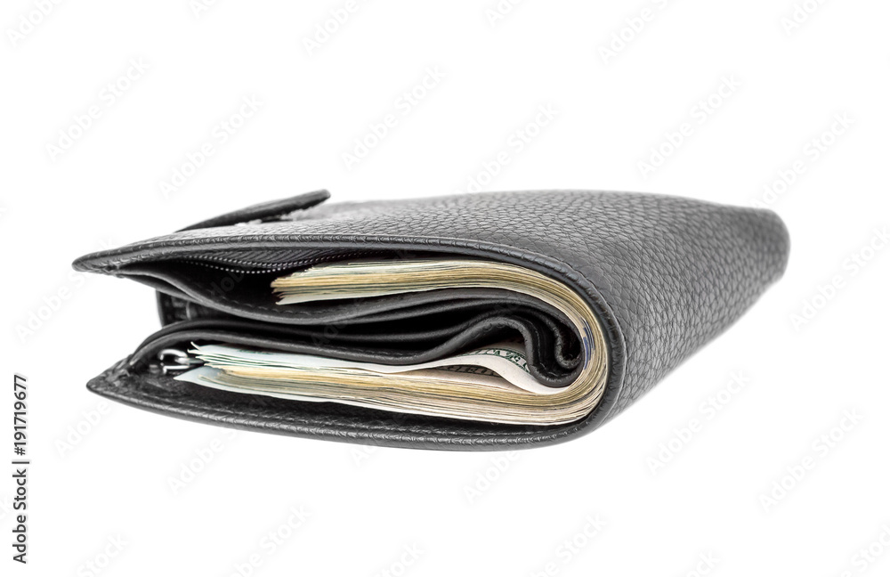 Closed black wallet with money isolated on white. Closed black wallet with money isolated on white.