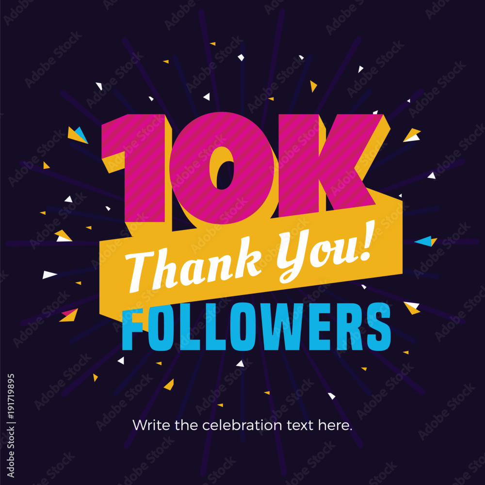 10k or 10000 followers card banner template for celebrating many followers in online social media networks.