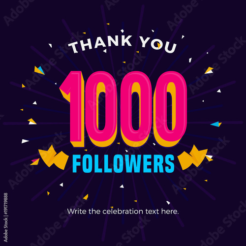 1000 followers card banner template for celebrating many followers in online social media networks.