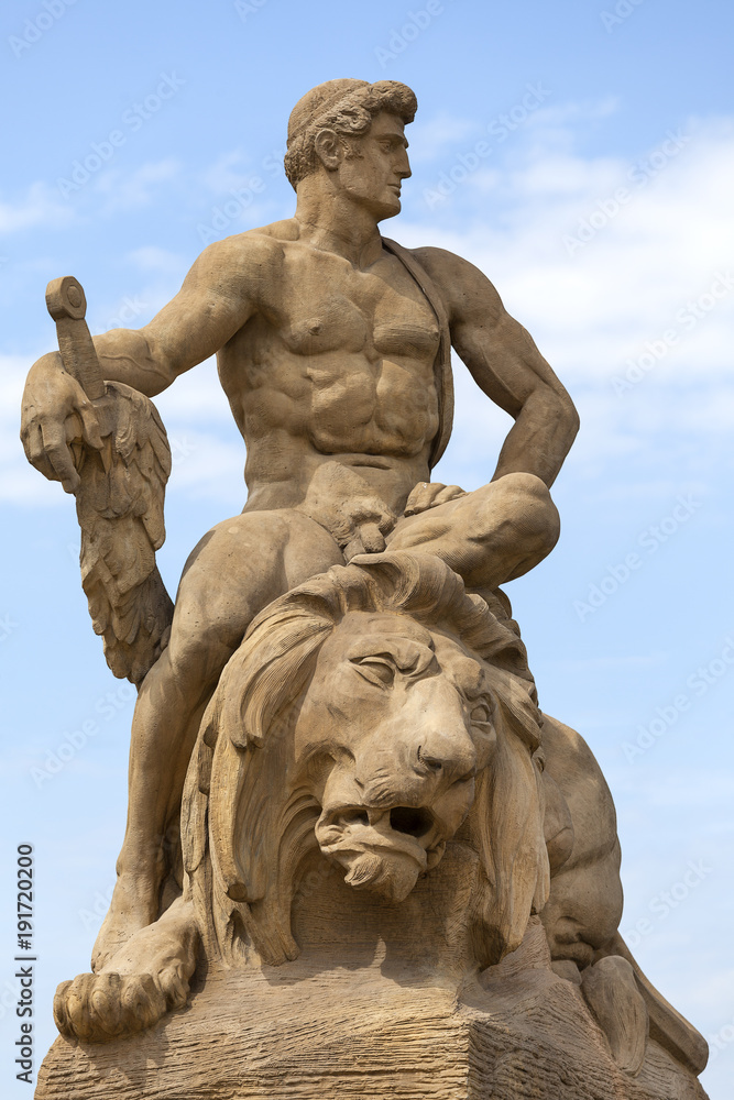 Fountain Allegory of Fight and Victory, statue of a man who defeated a lion, Wroclaw, Poland Fountain Allegory of Fight and Victory, statue of a man who defeated a lion, Wroclaw, Poland
