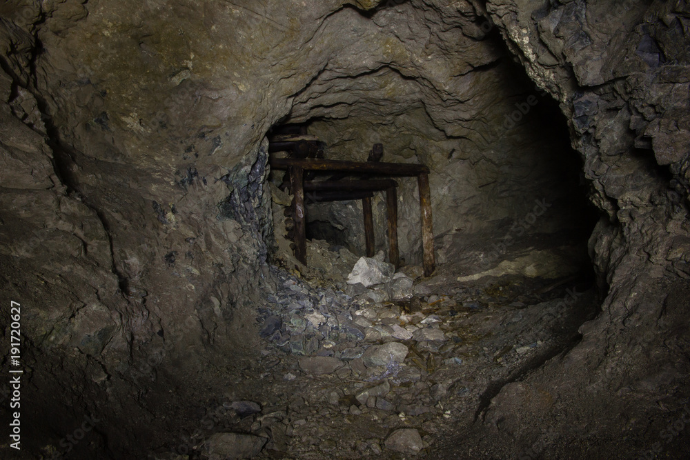 Underground abandoned gold ore mine shaft tunnel gallery