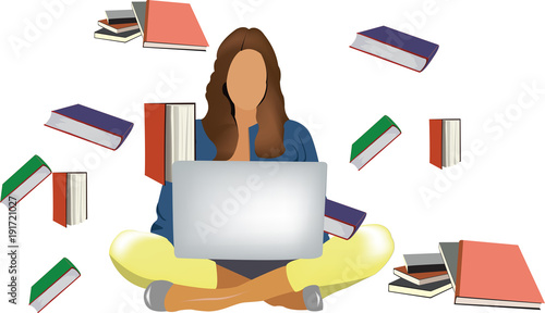 ragazza con gambe incrociate e computer  ricerca
