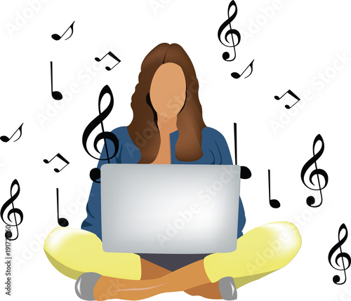 ragazza con gambe incrociate e computer  ricerca