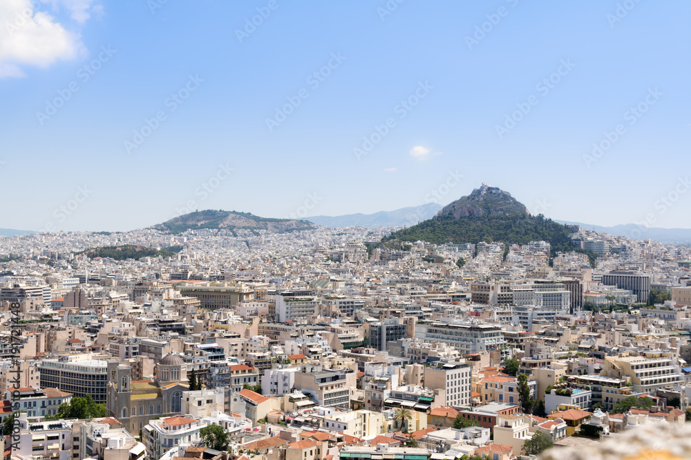  panoramic view on Lycabettus Hill from the Acropolis , Greek capitol Athens 