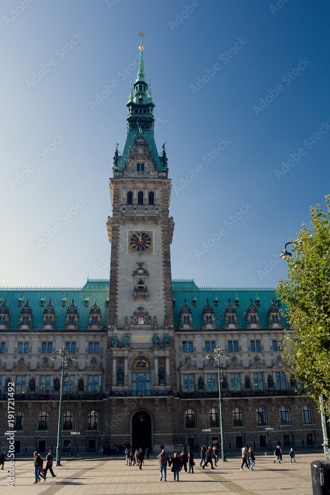 Town hall in Hamburg, Germany. The building was built in 19th century and it is the seat of Hamburg government and the First Mayor.