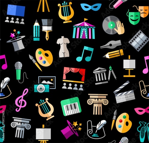 Culture and art, seamless background, color, black, vector. Leisure and cultural centres. Cultural events and the attributes of art. Colored icons on a black field. Vector picture.  