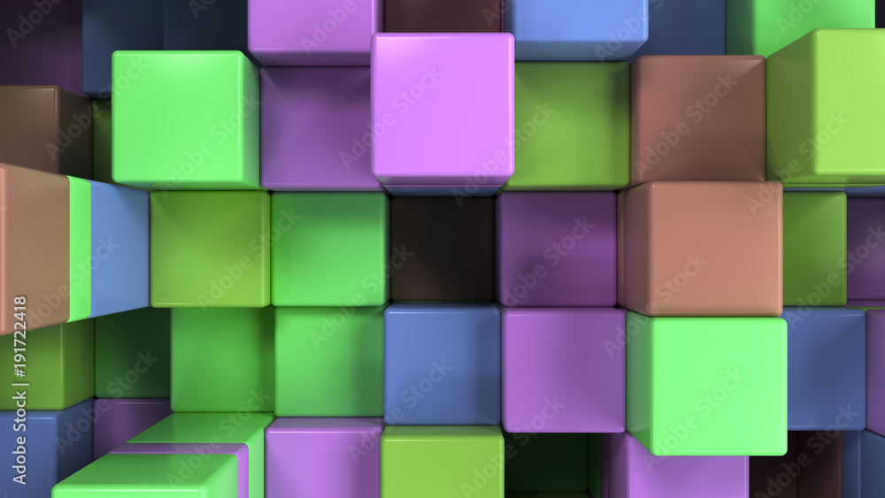 Wall of blue, green, brown and purple cubes Wall of blue, green, brown and purple cubes