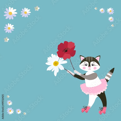 Little cat in pink ballet tutu on roller skates with poppy and daisy in hands. Greeting card, invitation. Space for text. Vector summer design.
